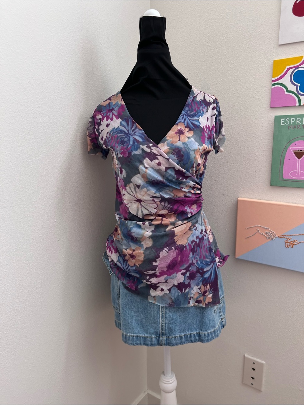 Y2K Floral Mesh Wrap Top – Sheer Ruched Fairy Grunge Blouse